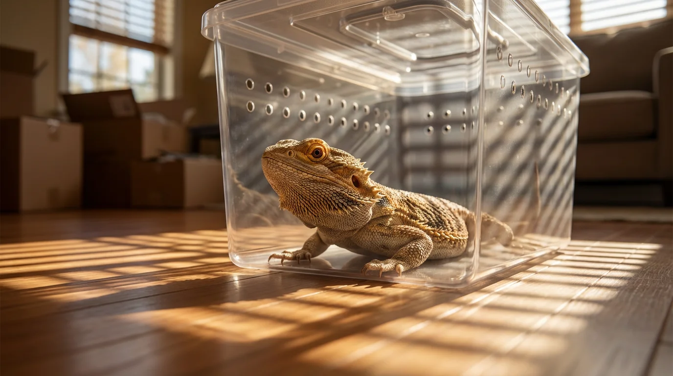 A bearded dragon rests in a clear travel carrier with long afternoon shadows.