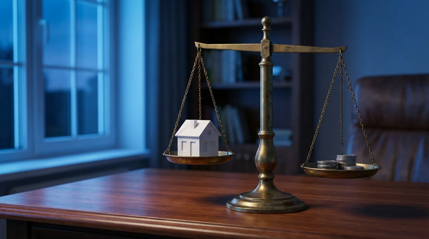 A brass balance scale weighing a miniature model house against a stack of coins.