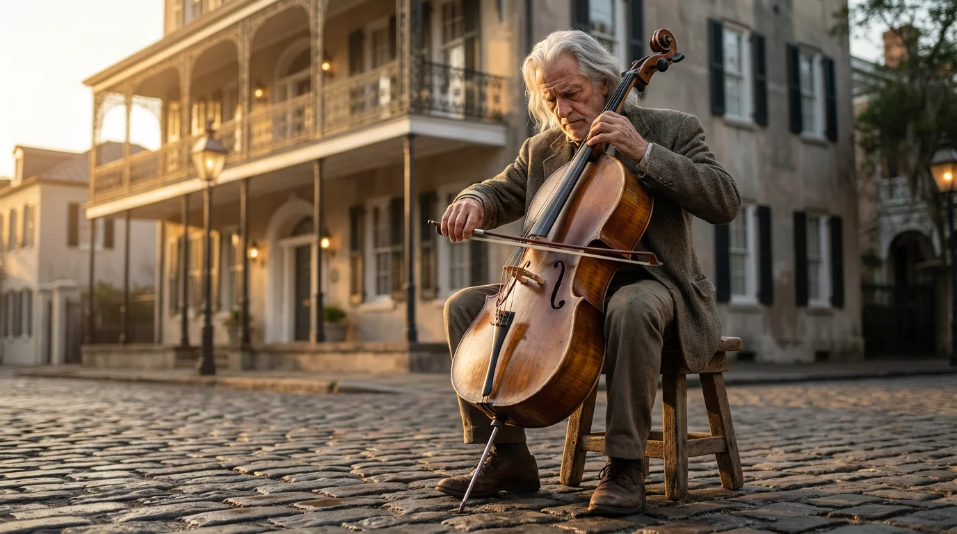 A cellist plays his instrument on a historic cobblestone street in Charleston, South Carolina.