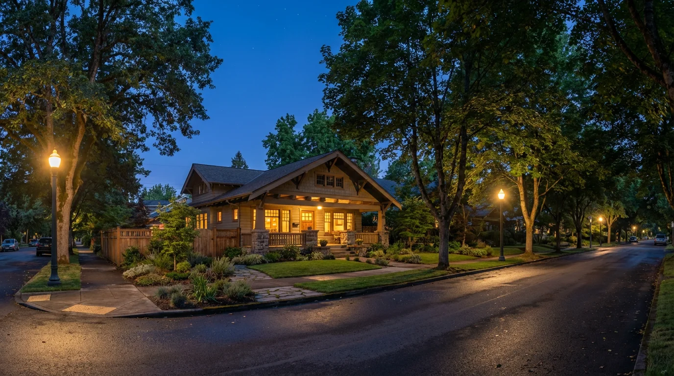 A charming Oregon craftsman home on a quiet residential street during blue hour twilight.