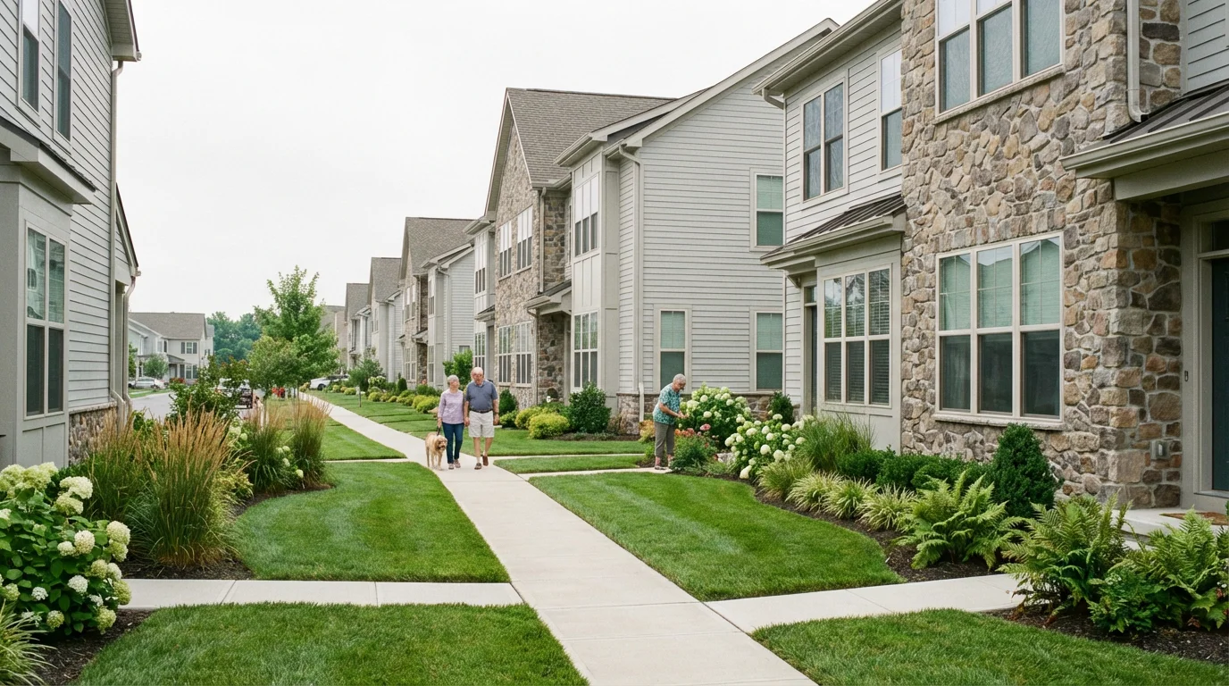A clean, modern street with townhomes in a 55+ community in Pennsylvania.