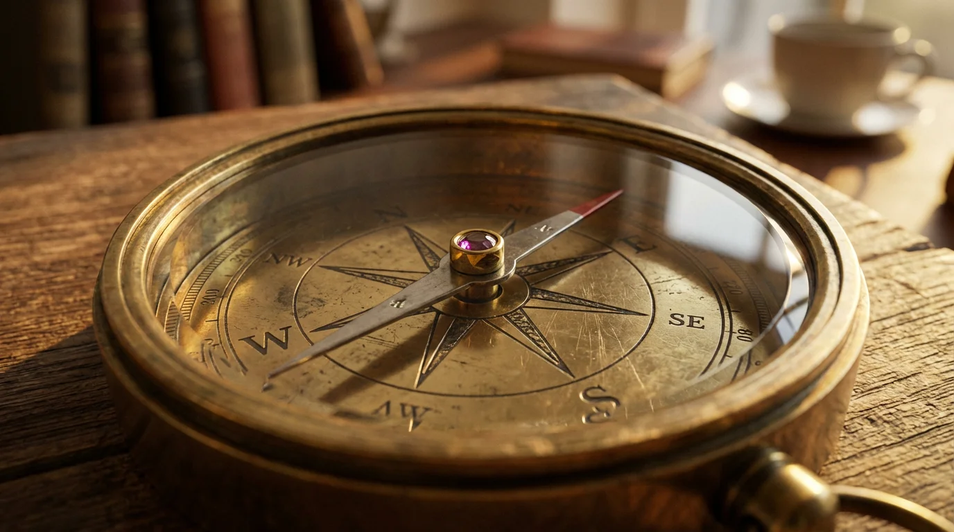 A close-up macro photo of a brass compass during golden hour, symbolizing direction.