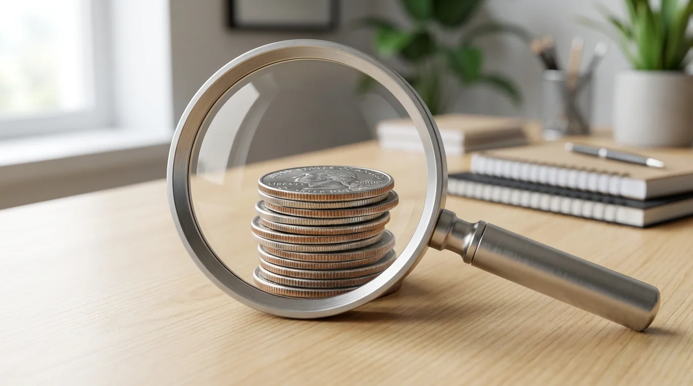 A close-up macro photo of a magnifying glass examining a stack of coins.