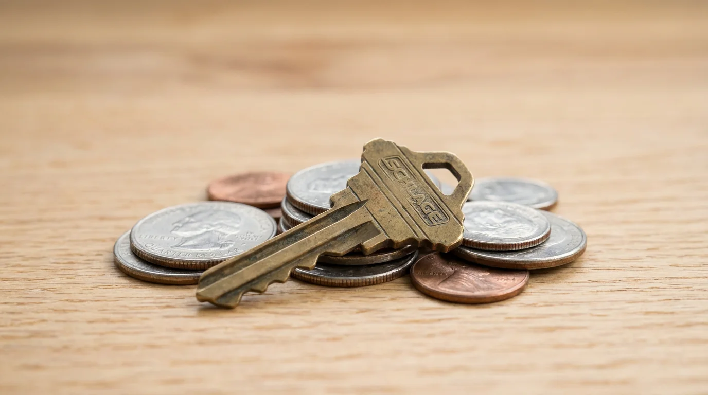 A close-up macro photo of a single house key resting on a pile of coins.