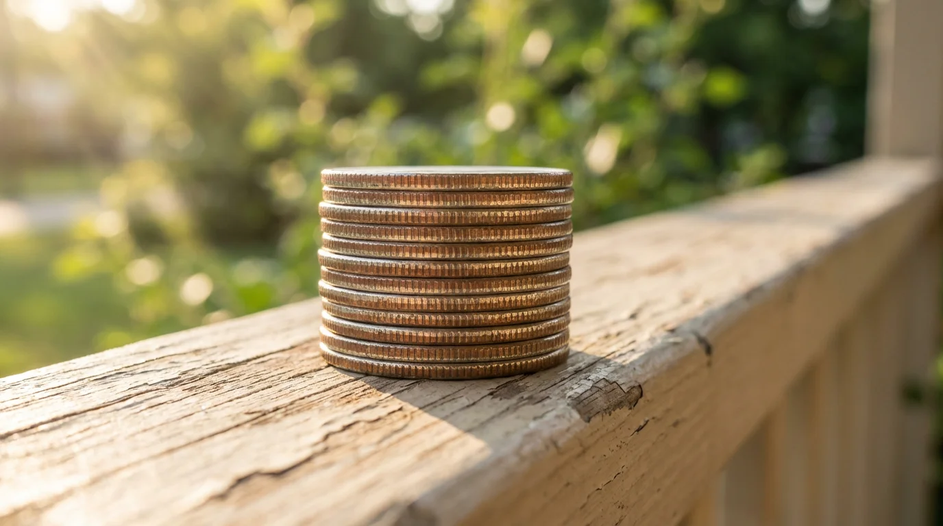 A close-up macro photo of a stack of quarter coins on a wood surface.
