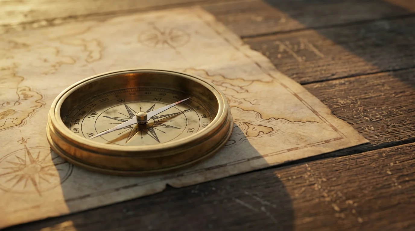 A close-up macro photo of a vintage brass compass on an old map.