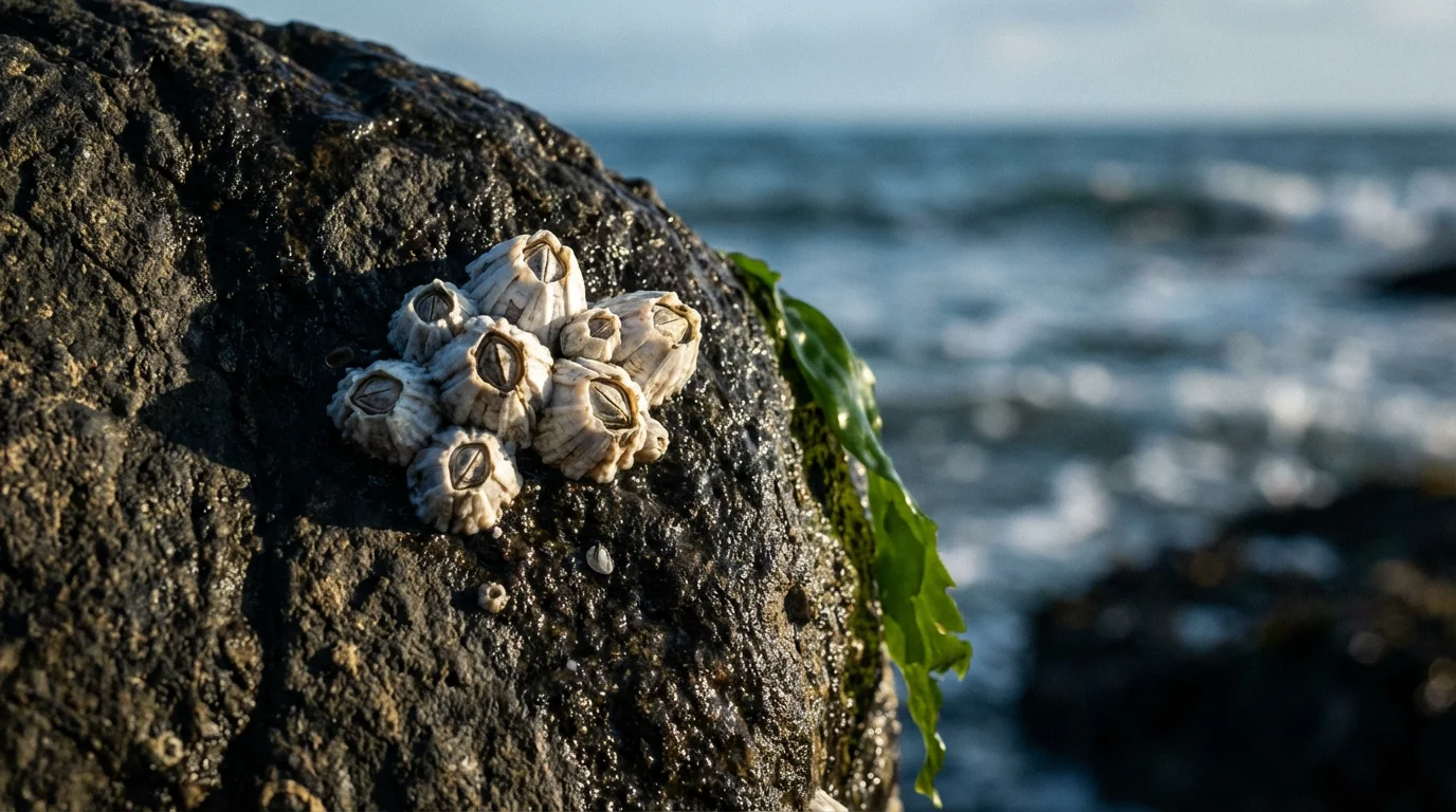 A close-up macro photo of barnacles and seaweed on a wet, sunlit rock.