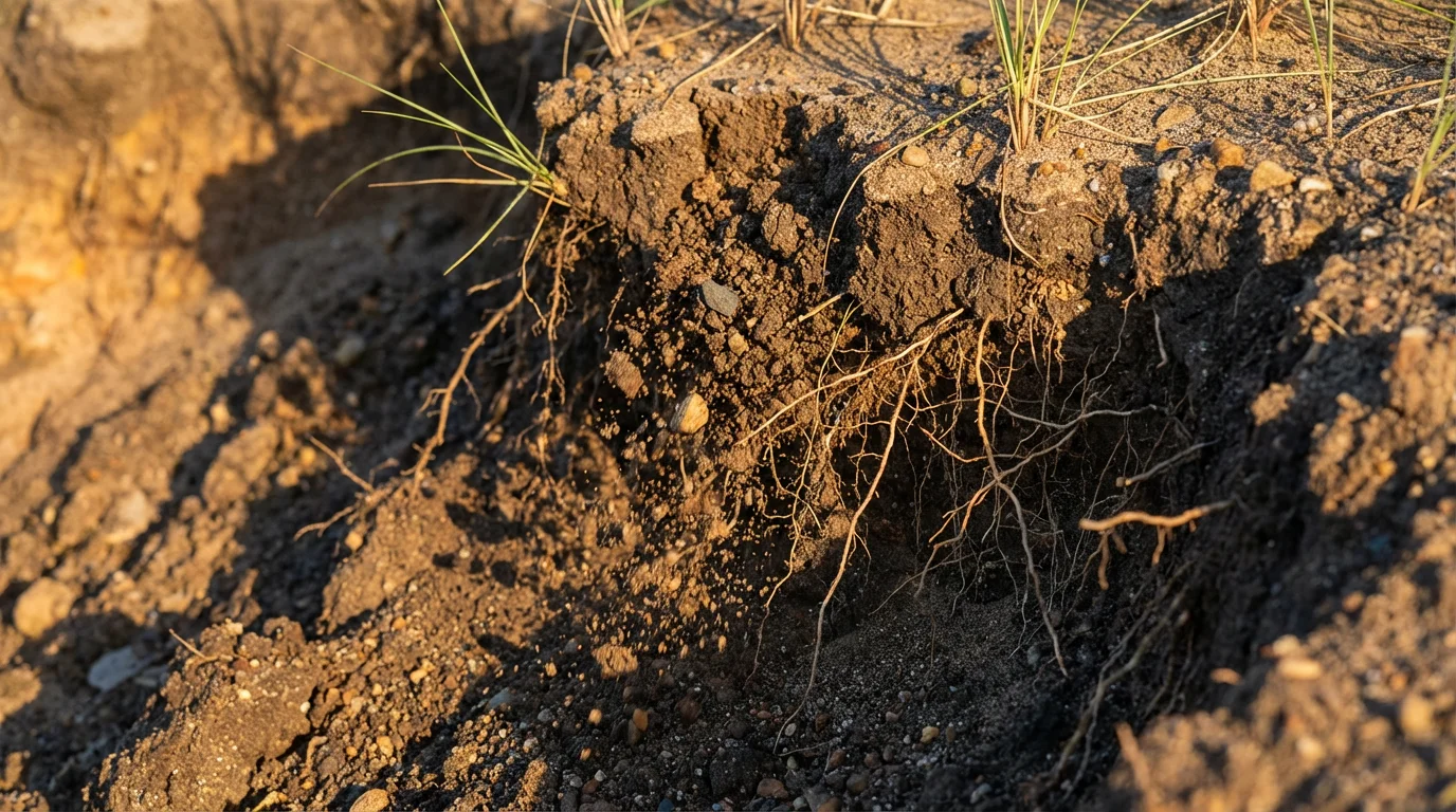 A close-up macro photo of coastal erosion with crumbling soil, sand, and exposed plant roots.