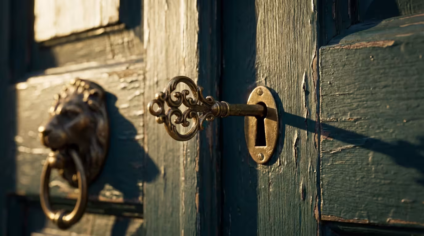 A close-up macro photograph of a brass key in a wooden door lock.