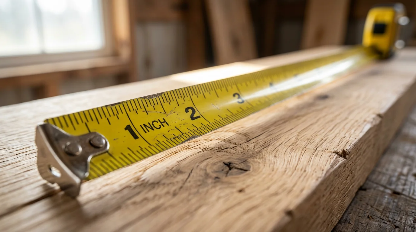 A close-up macro photograph of a measuring tape on a wooden plank.
