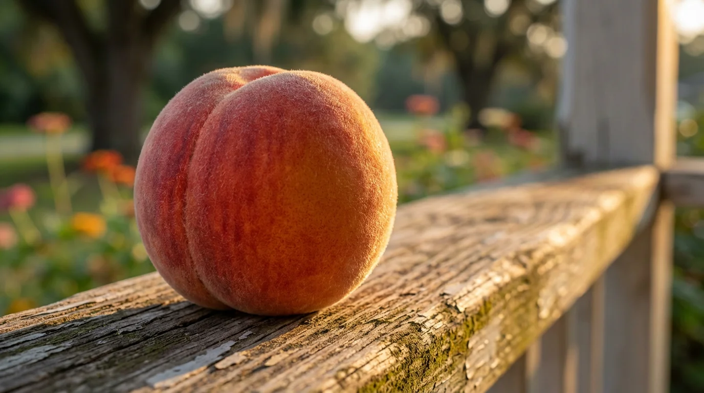 A close-up macro photograph of a ripe Georgia peach resting on a wooden railing.