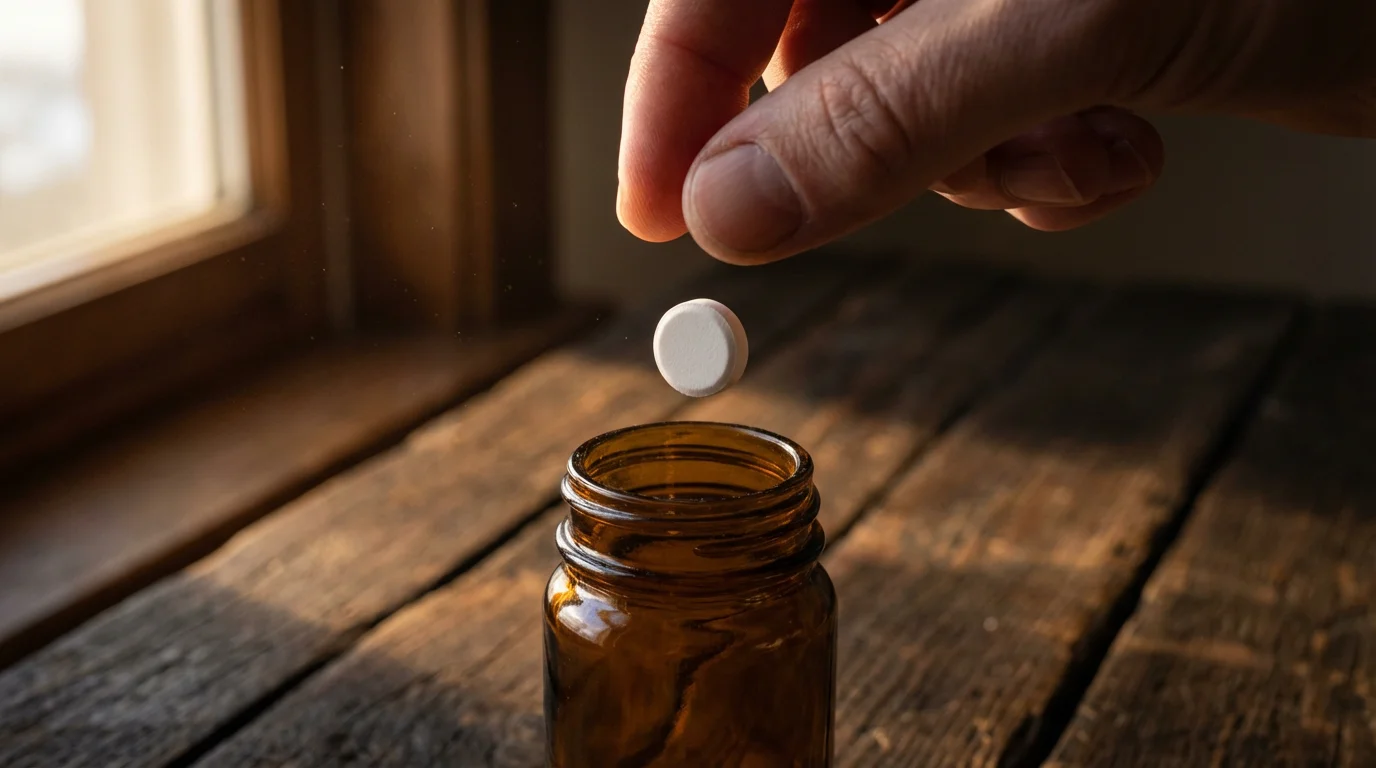 A close-up macro photograph of a single pill being dropped into a prescription bottle.
