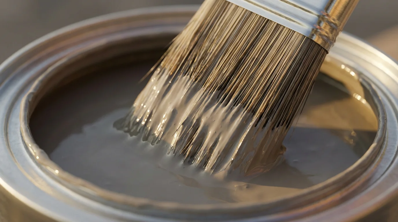 A close-up macro photograph of paintbrush bristles dipping into a can of neutral paint.