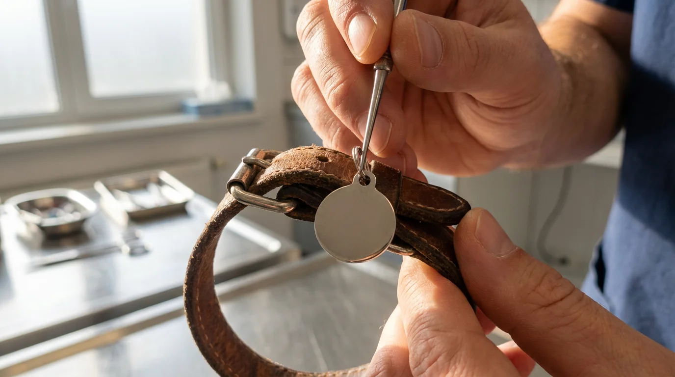 A close-up macro shot of a blank pet ID tag on a leather collar.