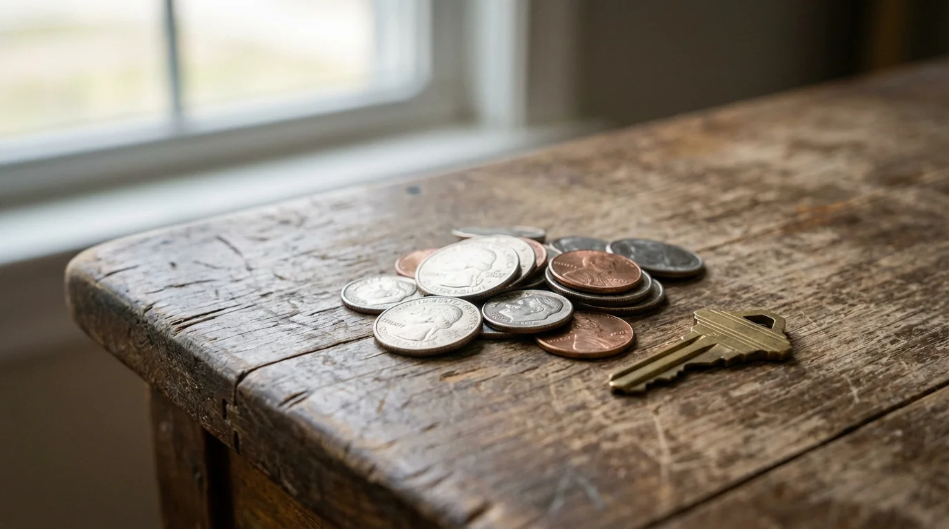 A close-up macro shot of coins and a house key on a wooden table.