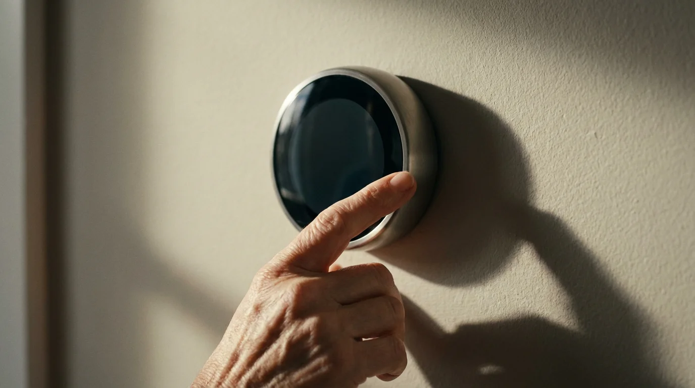 A close-up of a hand adjusting a modern smart thermostat on a wall.