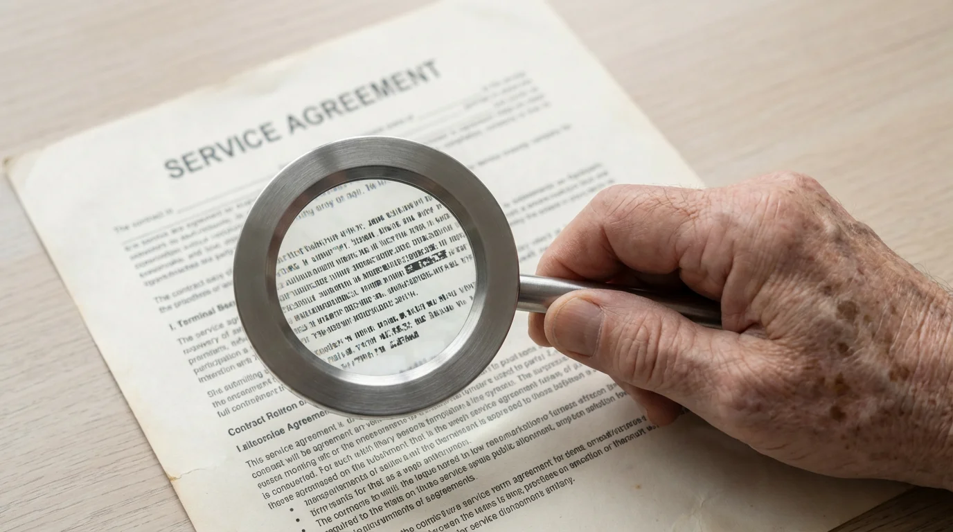 A close-up of a hand holding a magnifying glass over a generic contract's fine print.