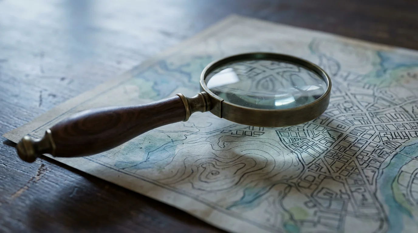 A close-up of a magnifying glass examining an abstract map during blue hour.