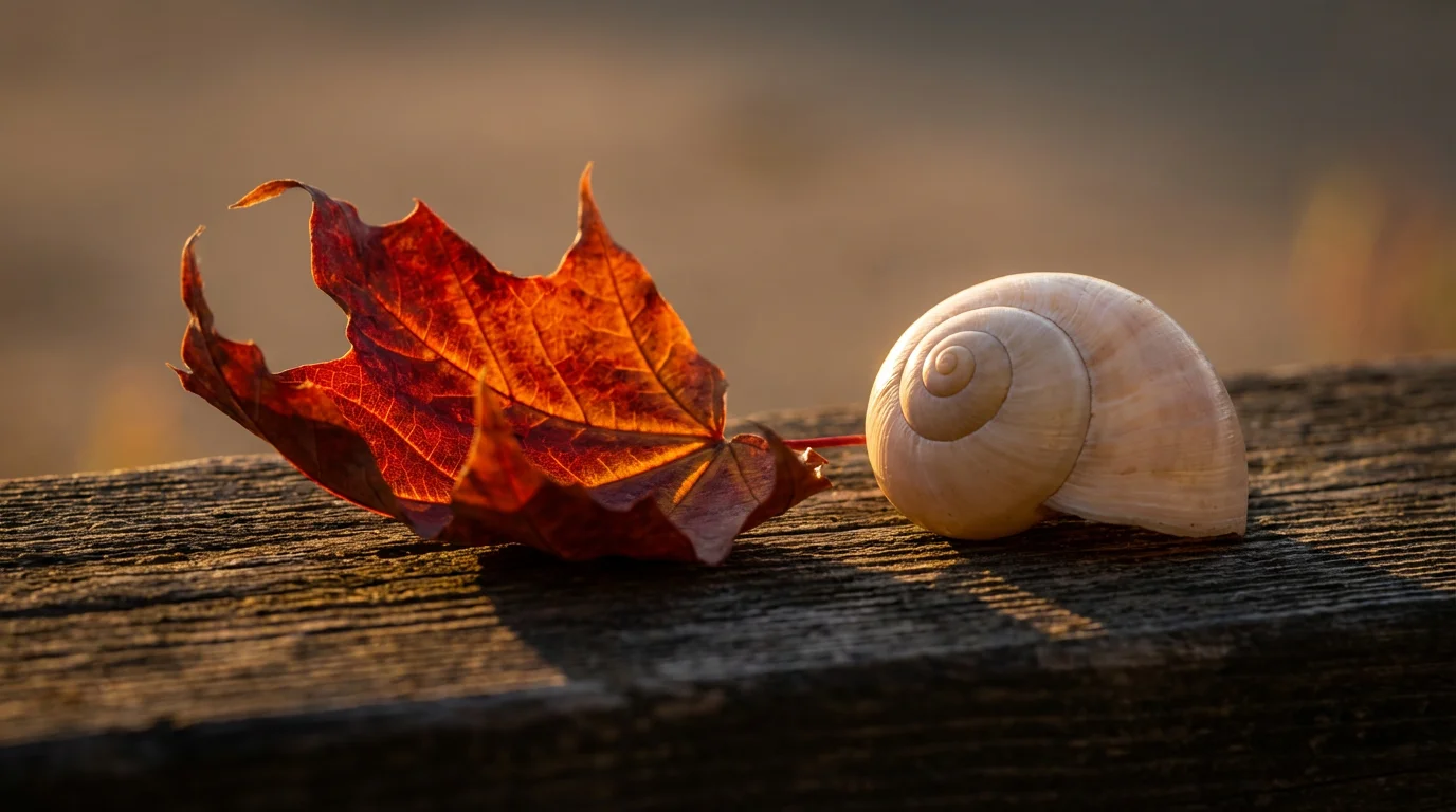 A close-up of a seashell and an autumn leaf representing different climate choices.
