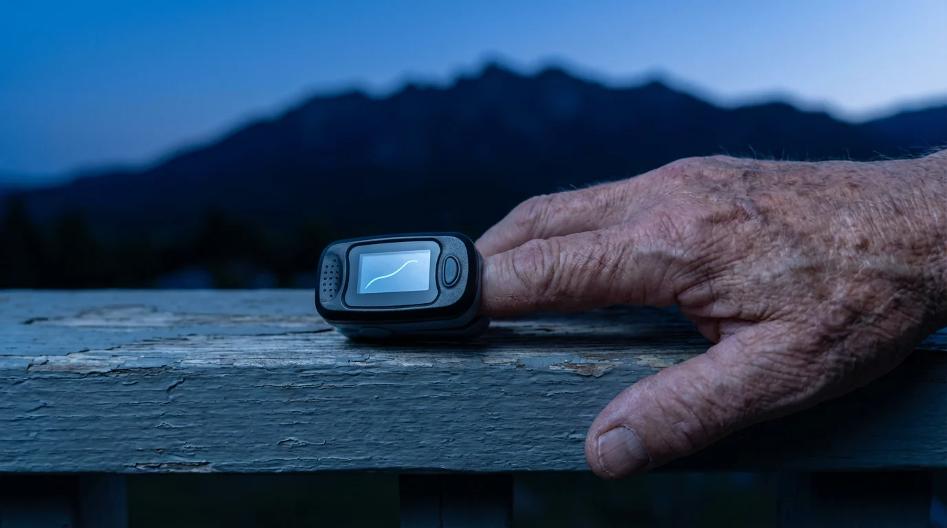 A close-up of a senior's finger in a pulse oximeter at dusk.