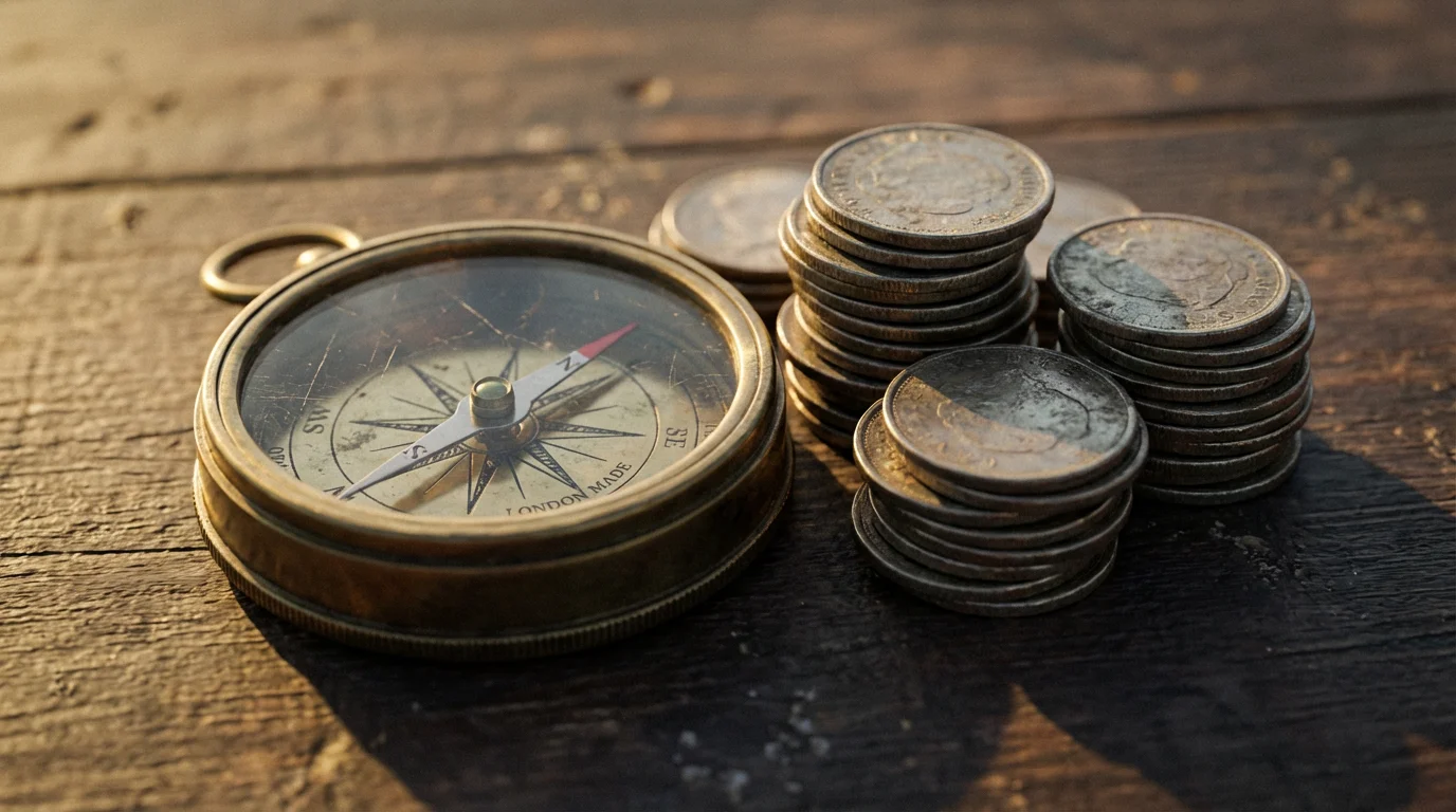 A close-up of a vintage compass and stacks of coins representing retirement financial planning.