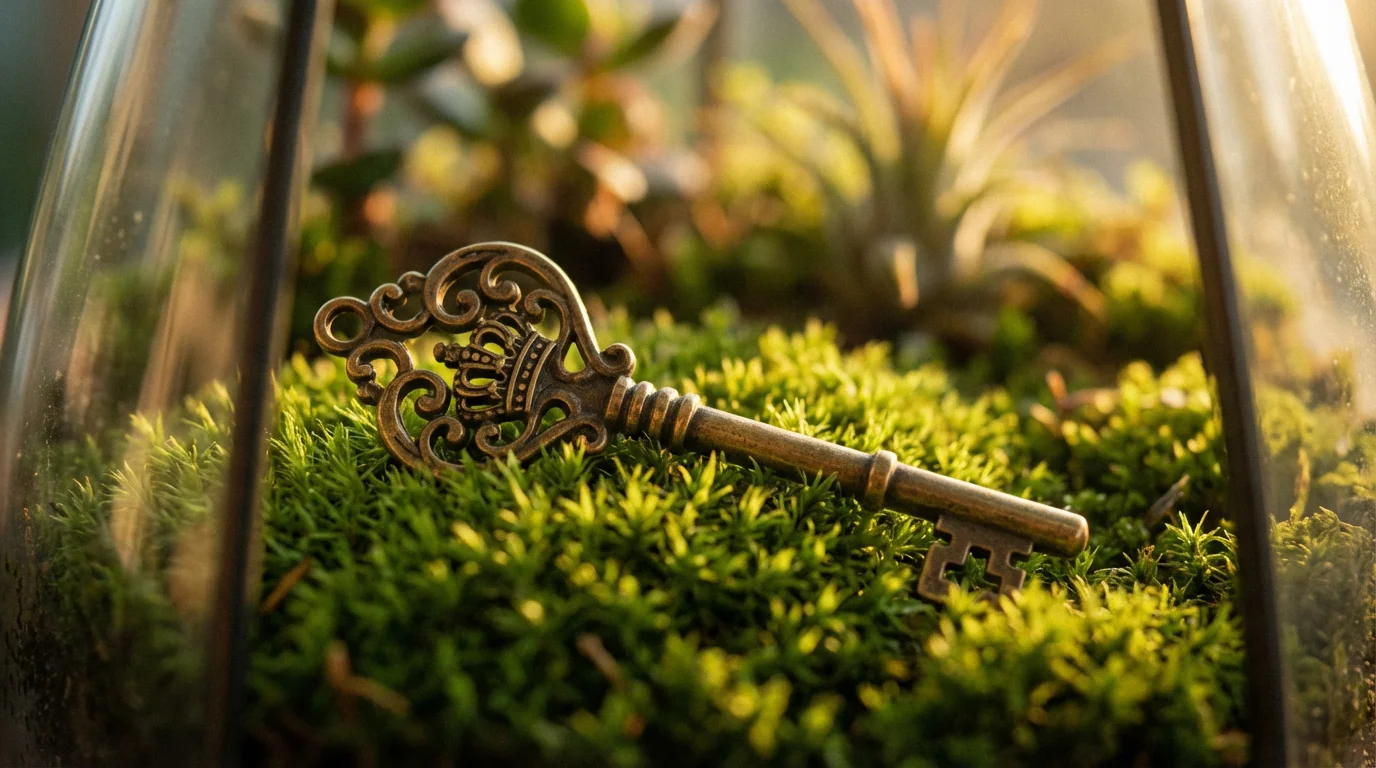 A close-up of an old brass key lying on green moss at sunset.