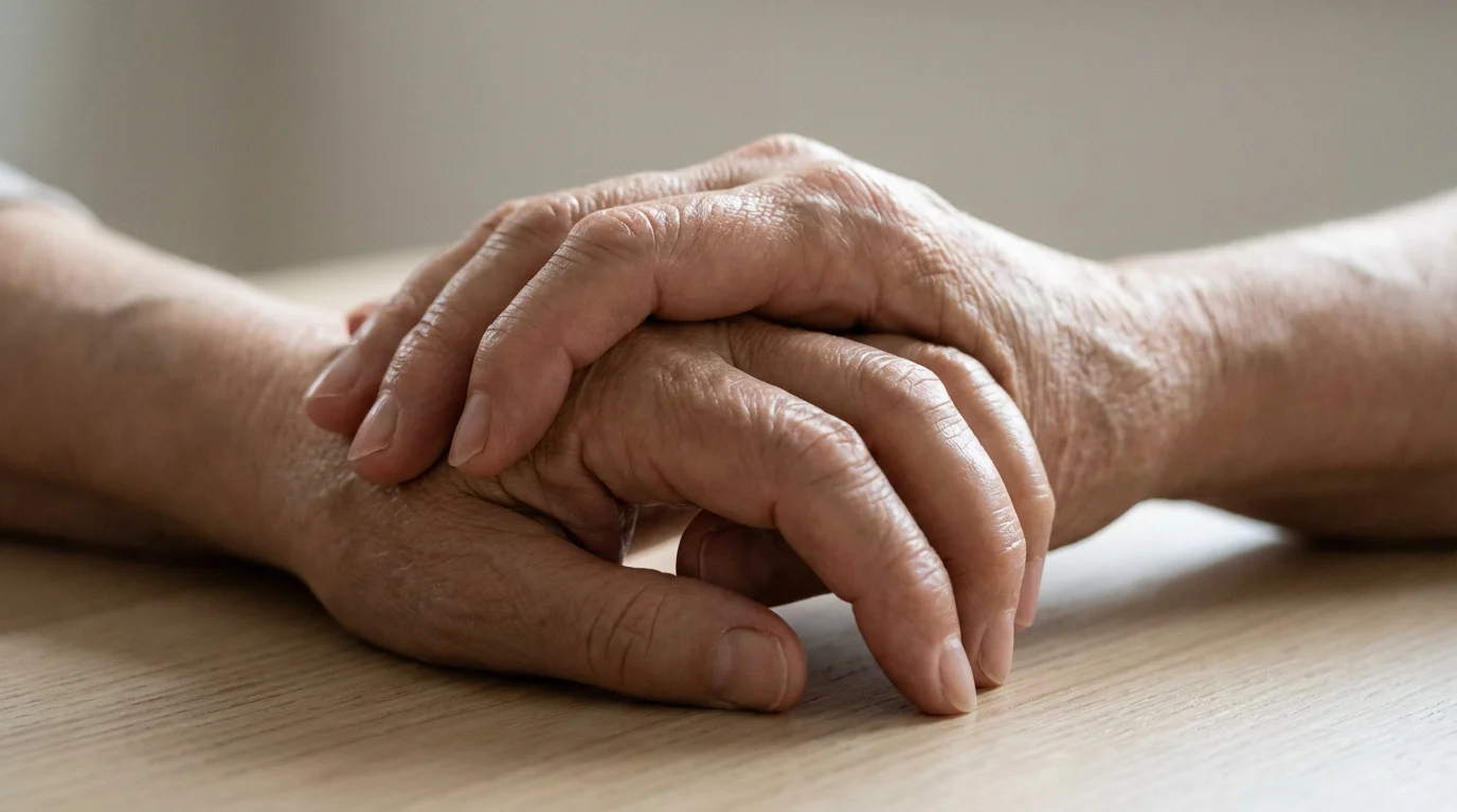 A close-up photograph of a senior's calm, clasped hands on a wooden surface.