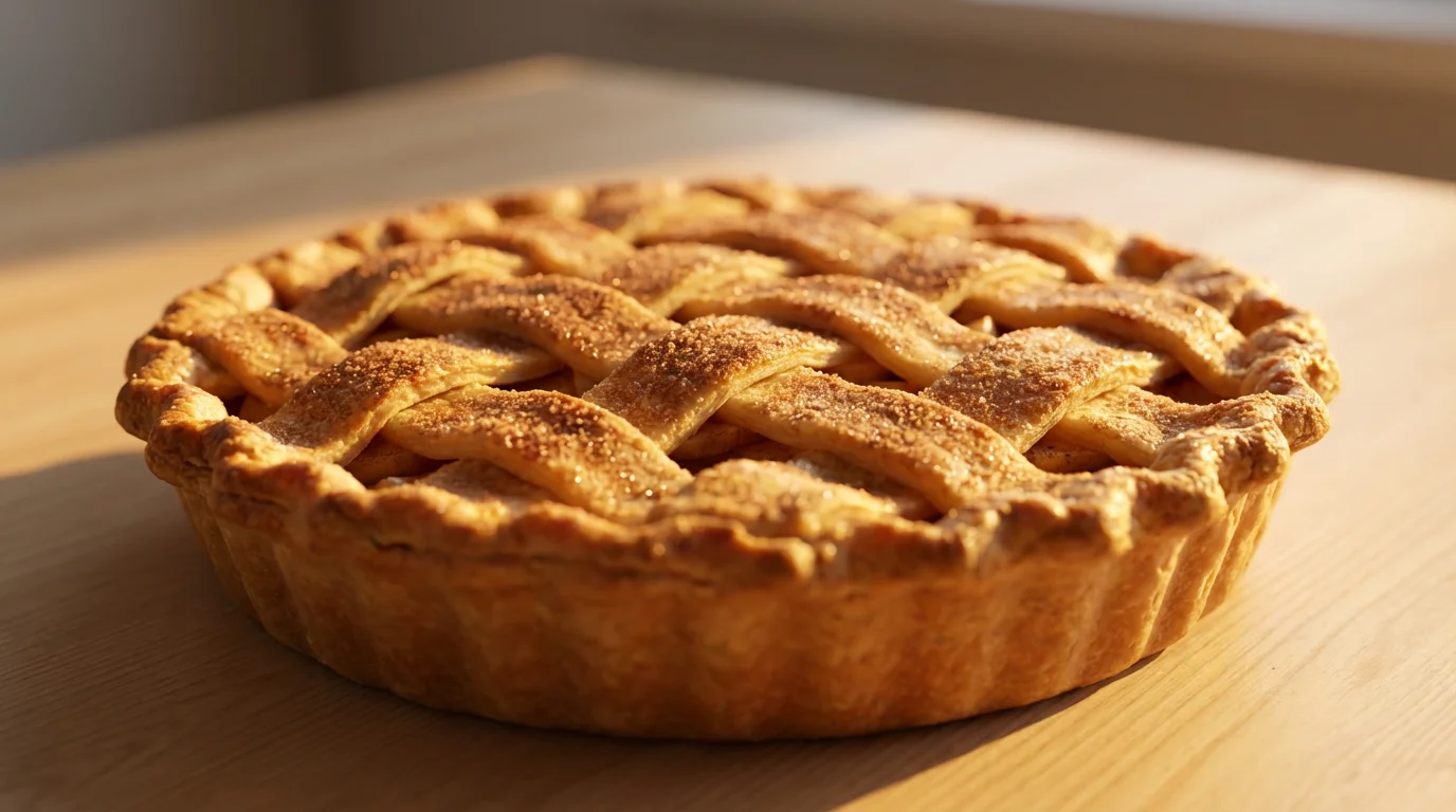 A close-up photorealistic image of a whole, uncut pie during golden hour, symbolizing complete savings.