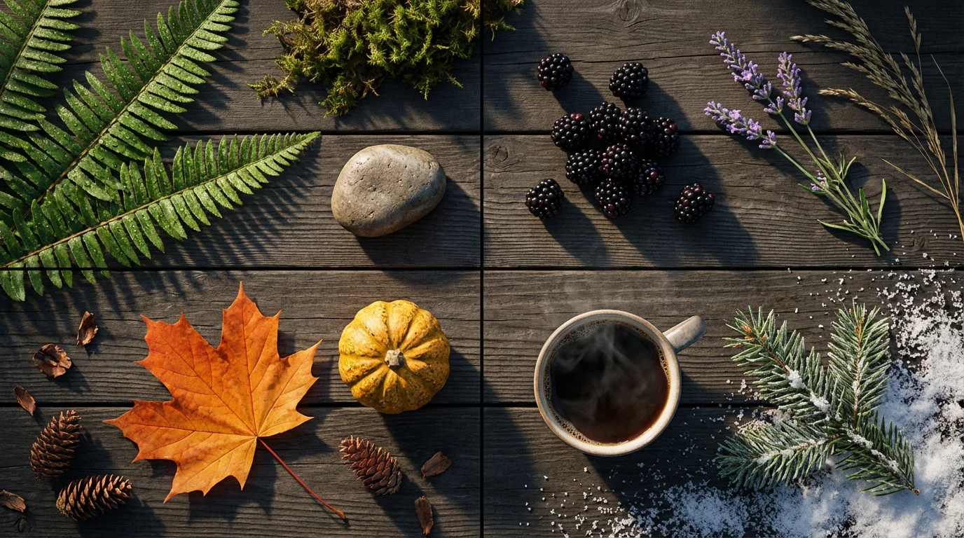 A conceptual flat lay photo representing the four seasons in the Pacific Northwest.