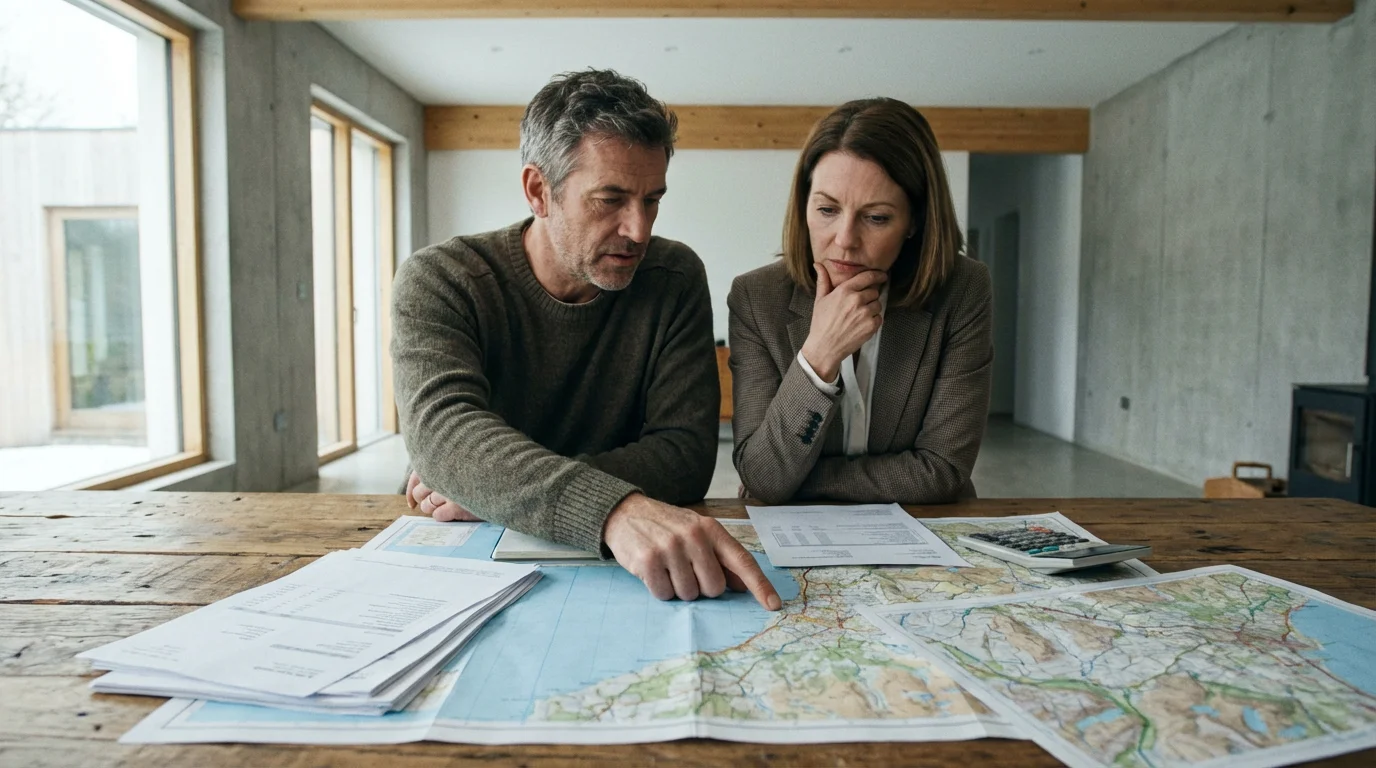 A couple at a wooden table examines topographical maps and financial papers by window light.