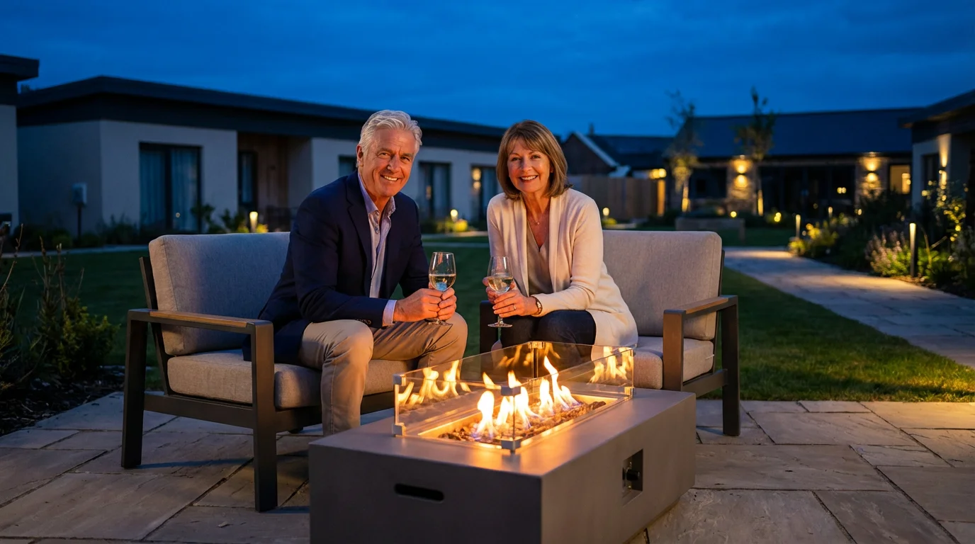 A couple enjoys wine by a fire pit in a modern retirement community at dusk.
