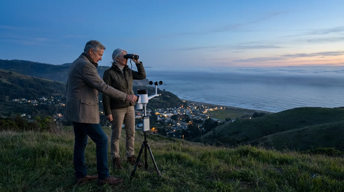 A couple investigates a coastal microclimate at dusk from a scenic viewpoint.