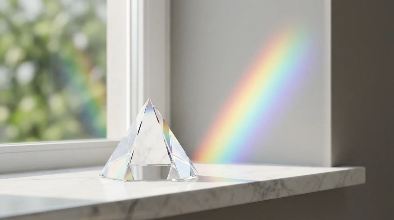 A crystal prism on a windowsill splits soft morning light into a rainbow.