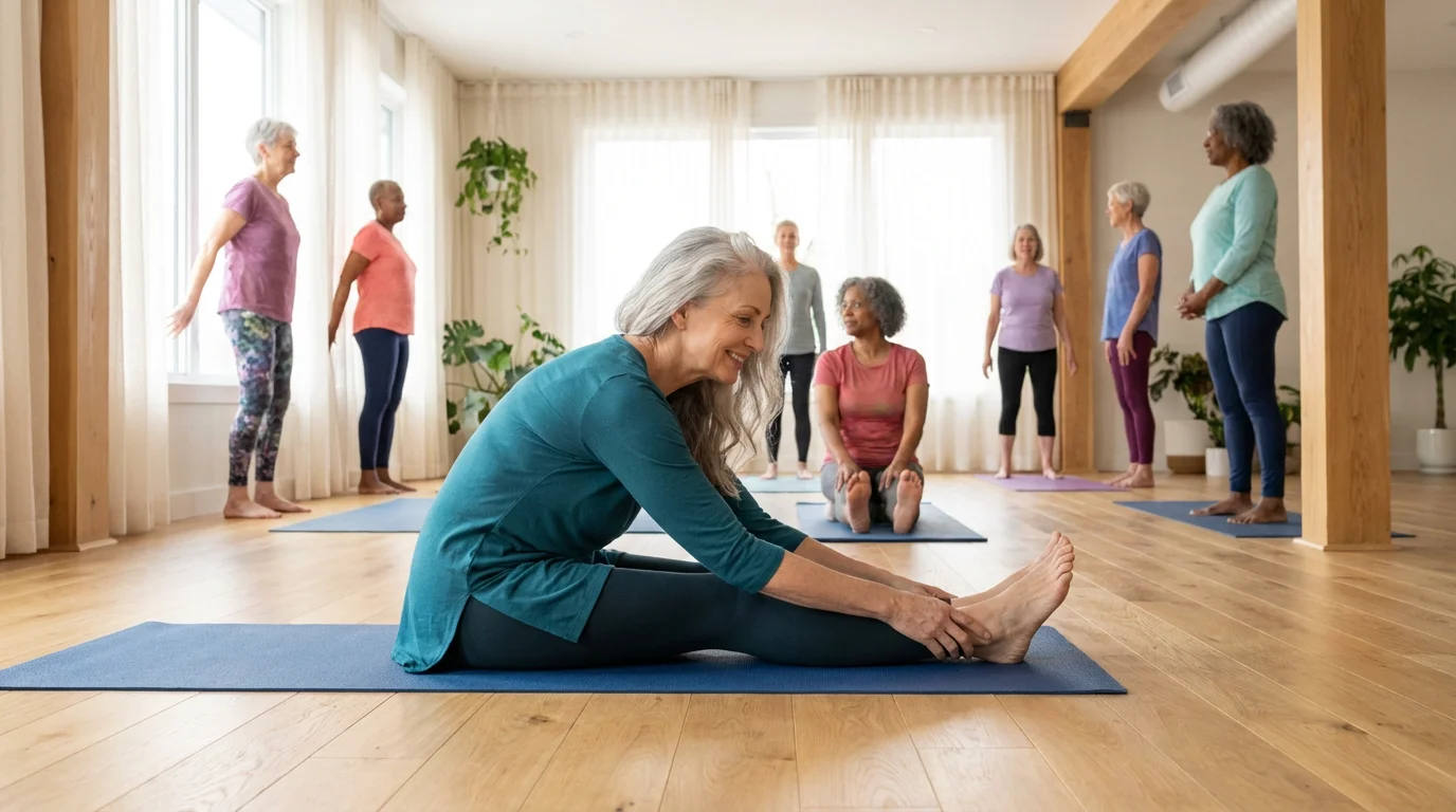 A diverse group of active seniors enjoying a gentle yoga class in a sunlit studio.