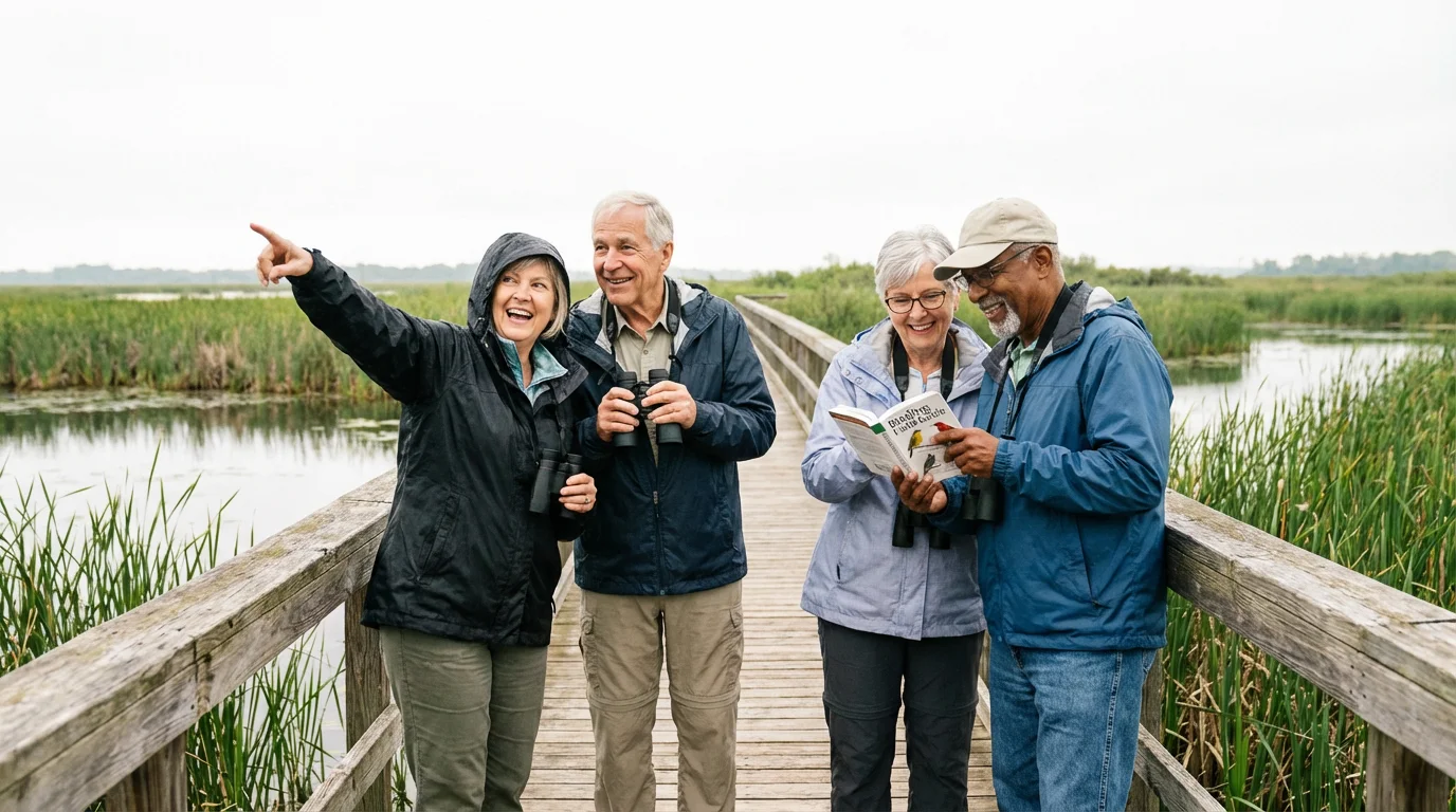 A diverse group of active seniors enjoying a birdwatching hobby in a scenic wetland.