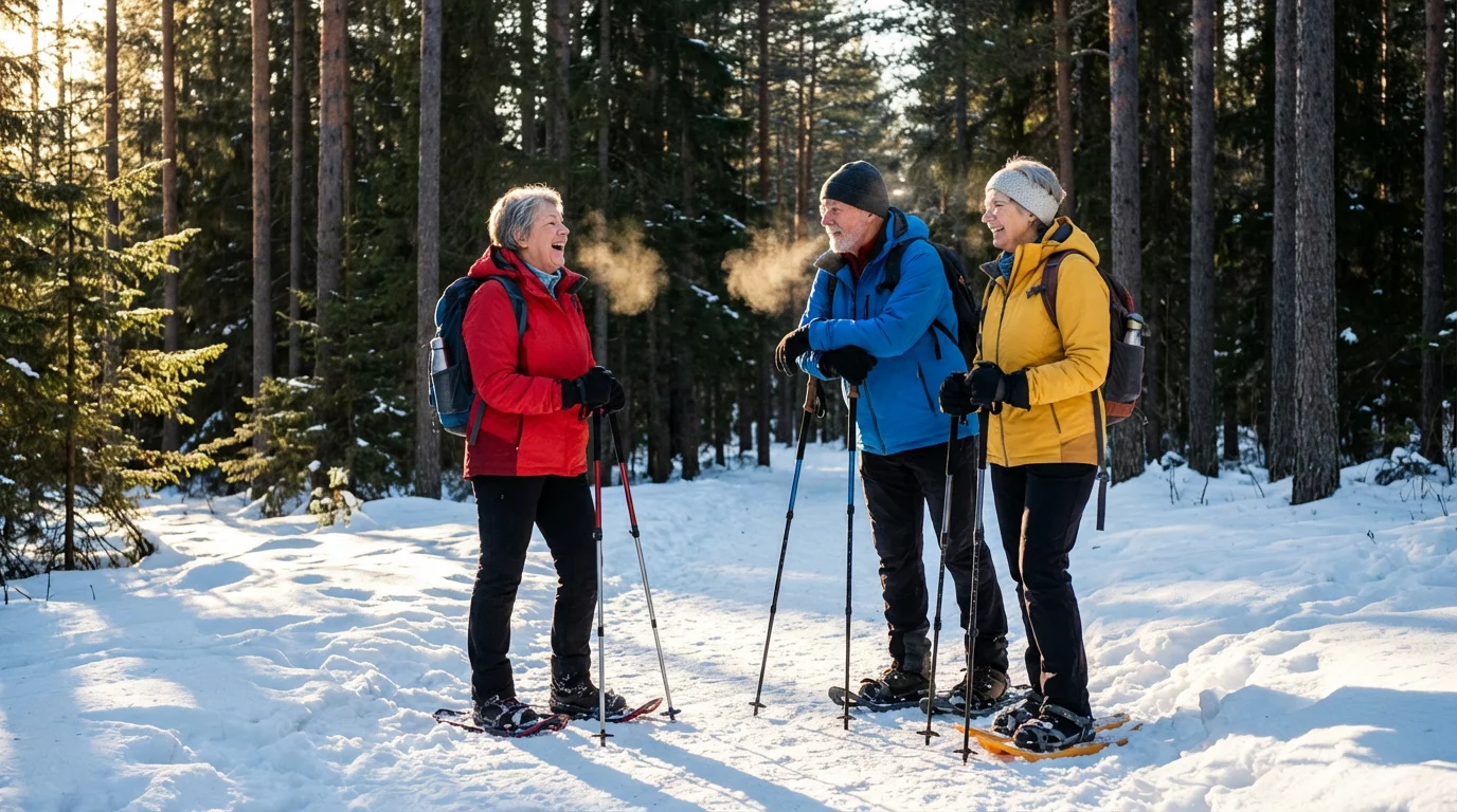 A diverse group of senior friends snowshoeing together through a sunny, snowy forest.