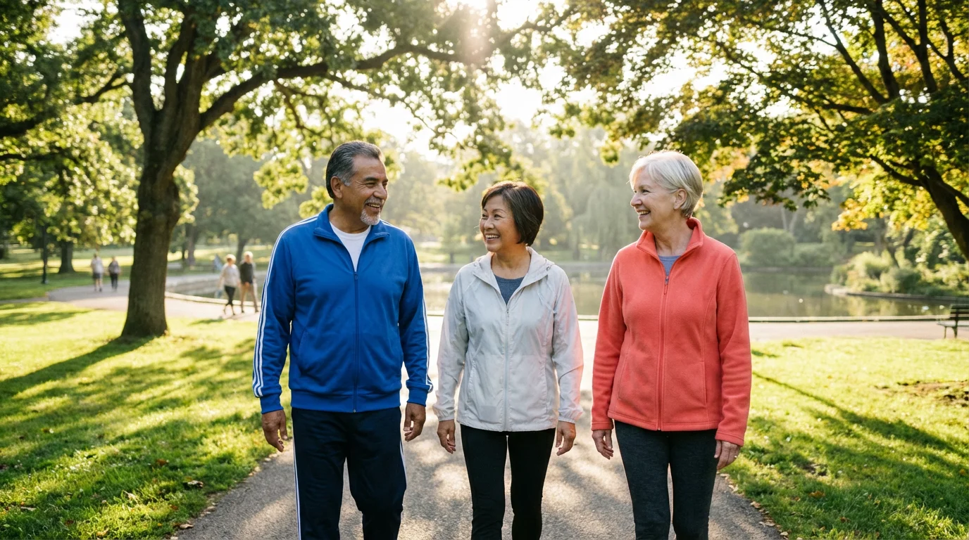 A diverse group of smiling seniors enjoying an active walk together on a park path.