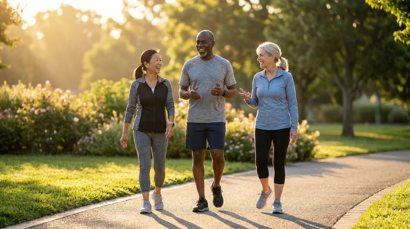 A diverse group of smiling seniors enjoying a conversation while walking in a park.