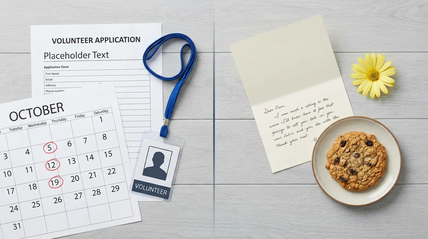 A flat lay comparing formal volunteering items like a calendar with informal kindness items.
