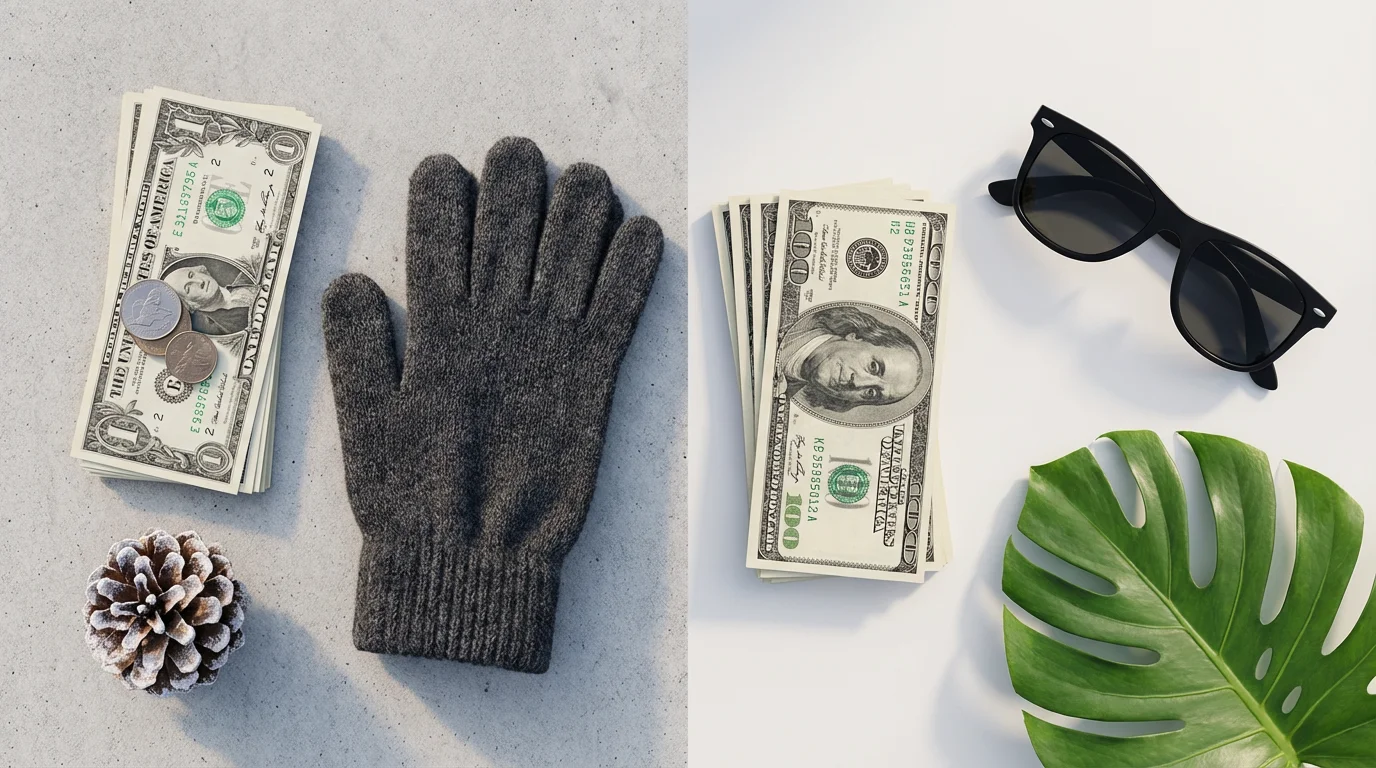 A flat lay comparing northern and southern living costs with money, a glove, and sunglasses.