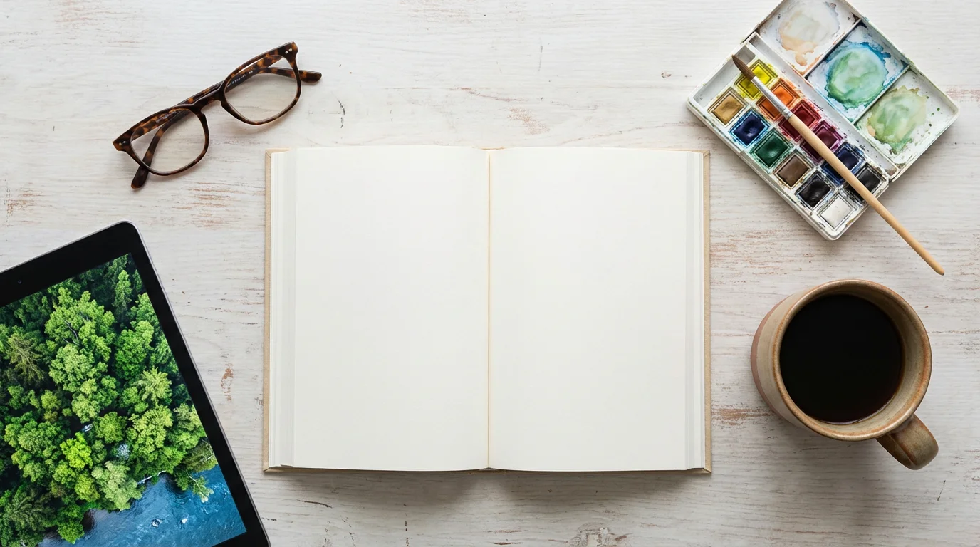 A flat lay of a book, tablet, reading glasses, and a watercolor set.
