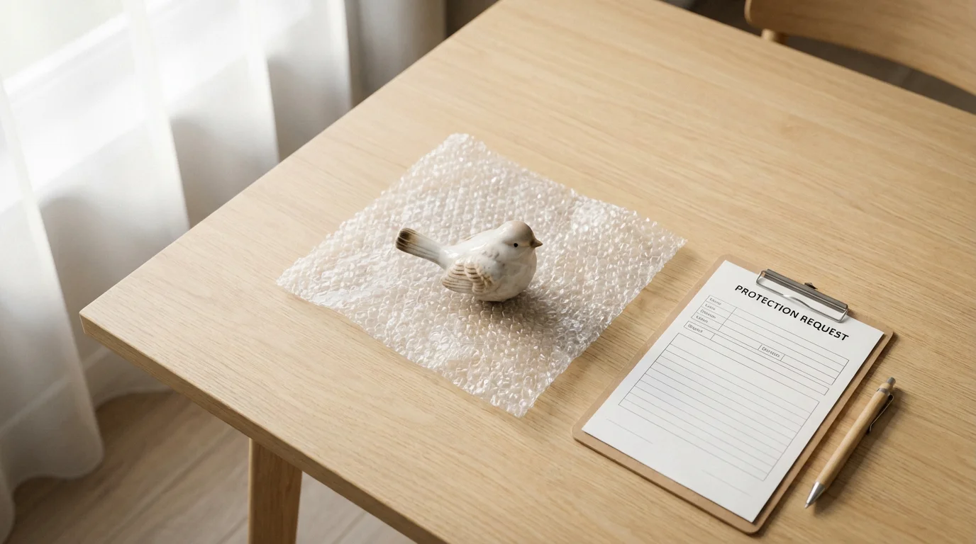 A flat lay of a bubble-wrapped figurine next to a clipboard, symbolizing moving insurance.