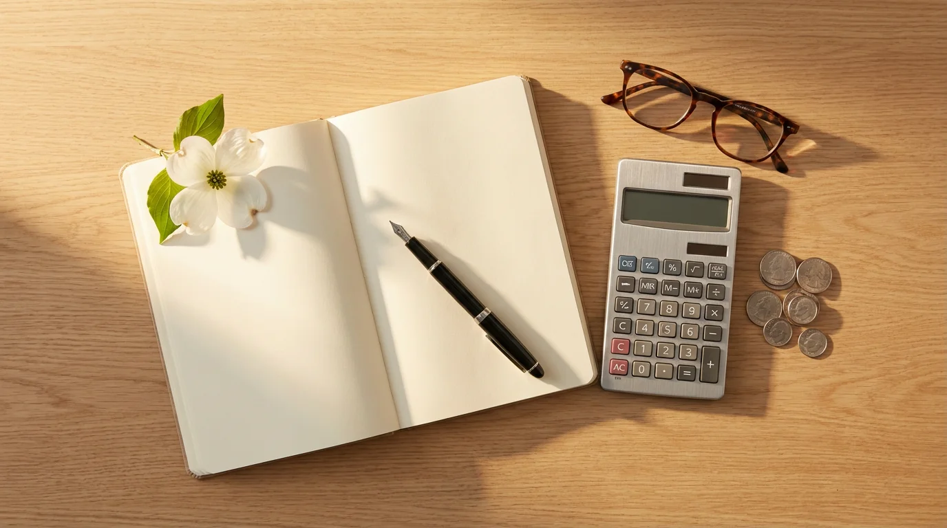A flat lay of a calculator, glasses, and a dogwood blossom for retirement planning.