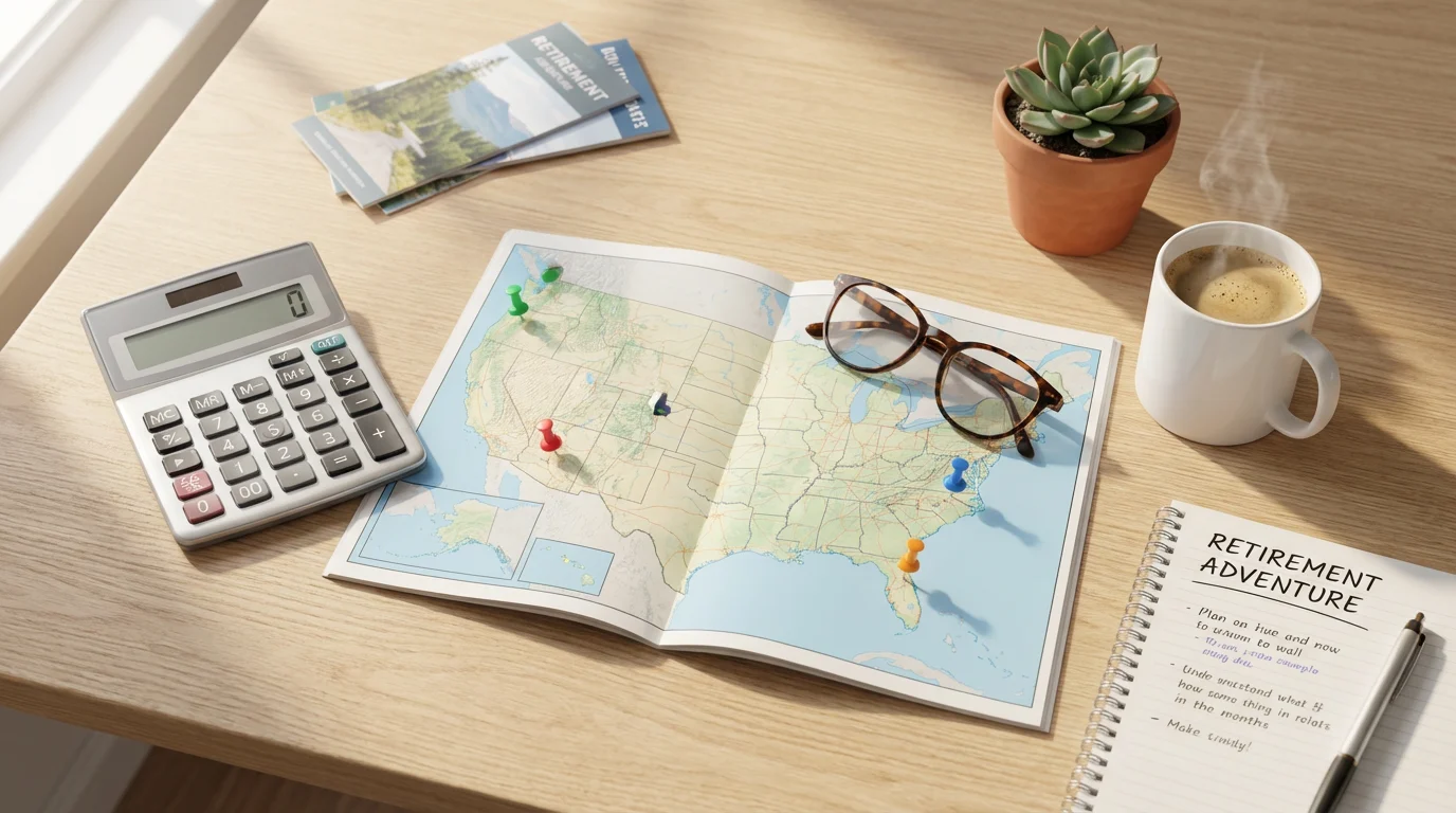 A flat lay of a calculator, map, and coffee for retirement relocation planning.
