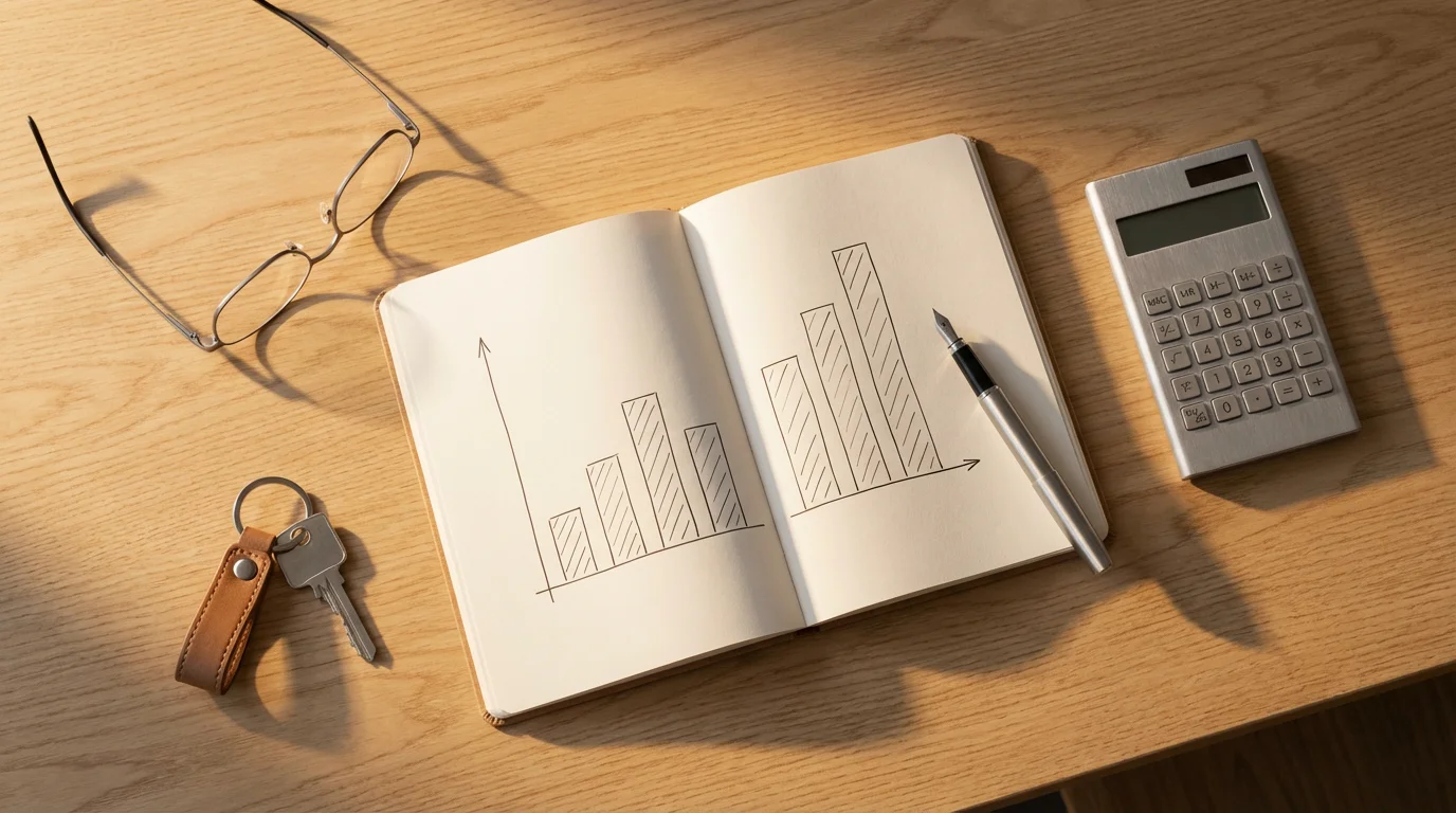 A flat lay of a calculator, notebook, and house key for community fee budgeting.