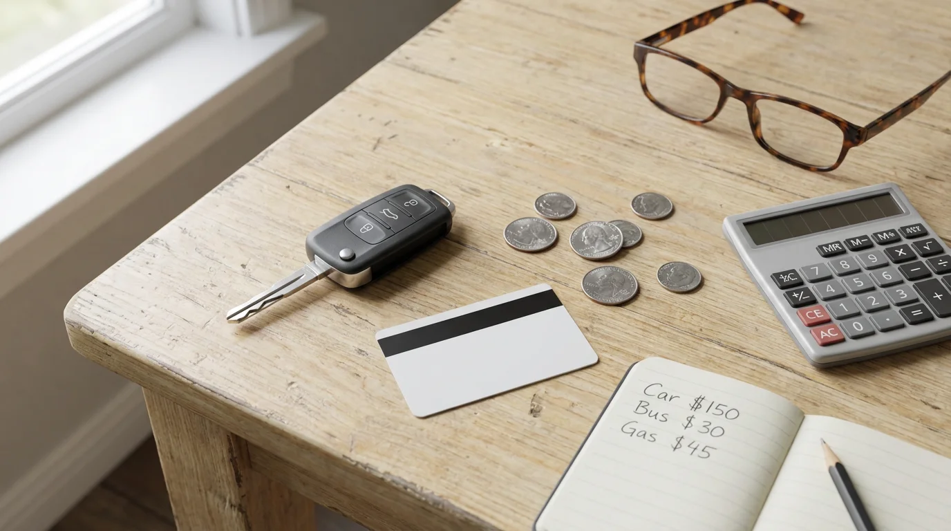 A flat lay of a car key, transit card, coins, and glasses for budgeting.
