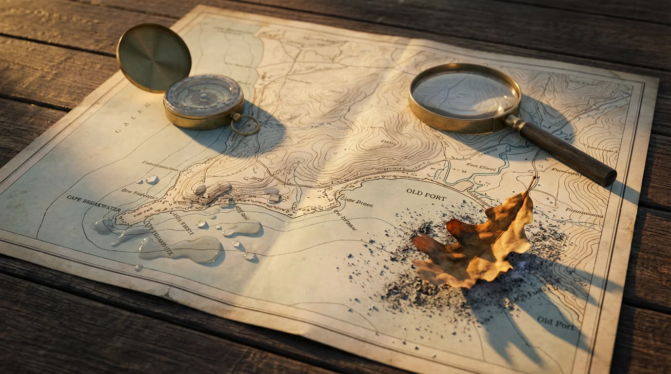A flat lay of a coastal map with symbols of climate risk like water and ash.