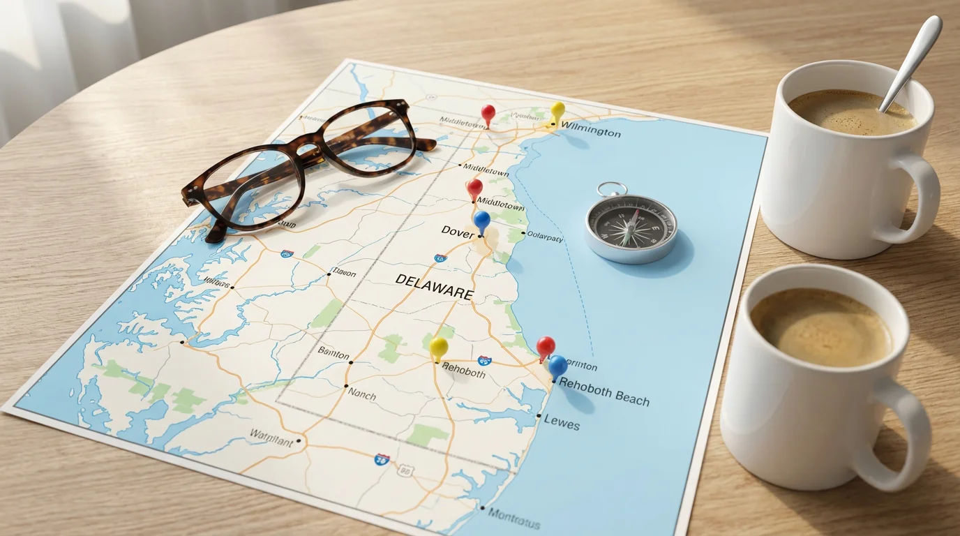 A flat lay of a Delaware map with reading glasses, a compass, and pins.