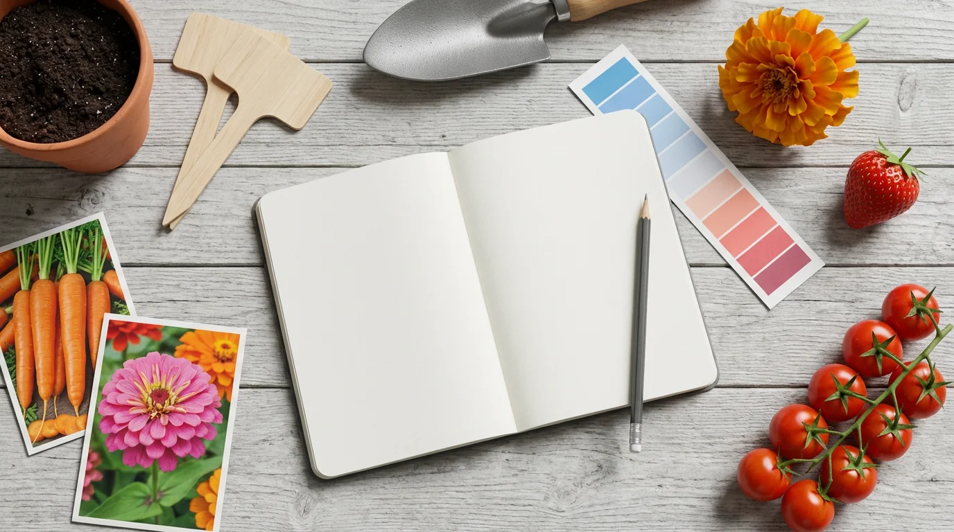 A flat lay of a gardening journal, seeds, flowers, and vegetables for planning.