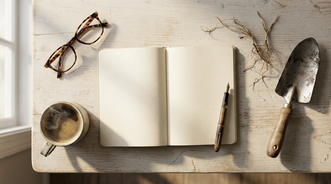 A flat lay of a journal, coffee, and gardening tools representing planning for retirement relocation.